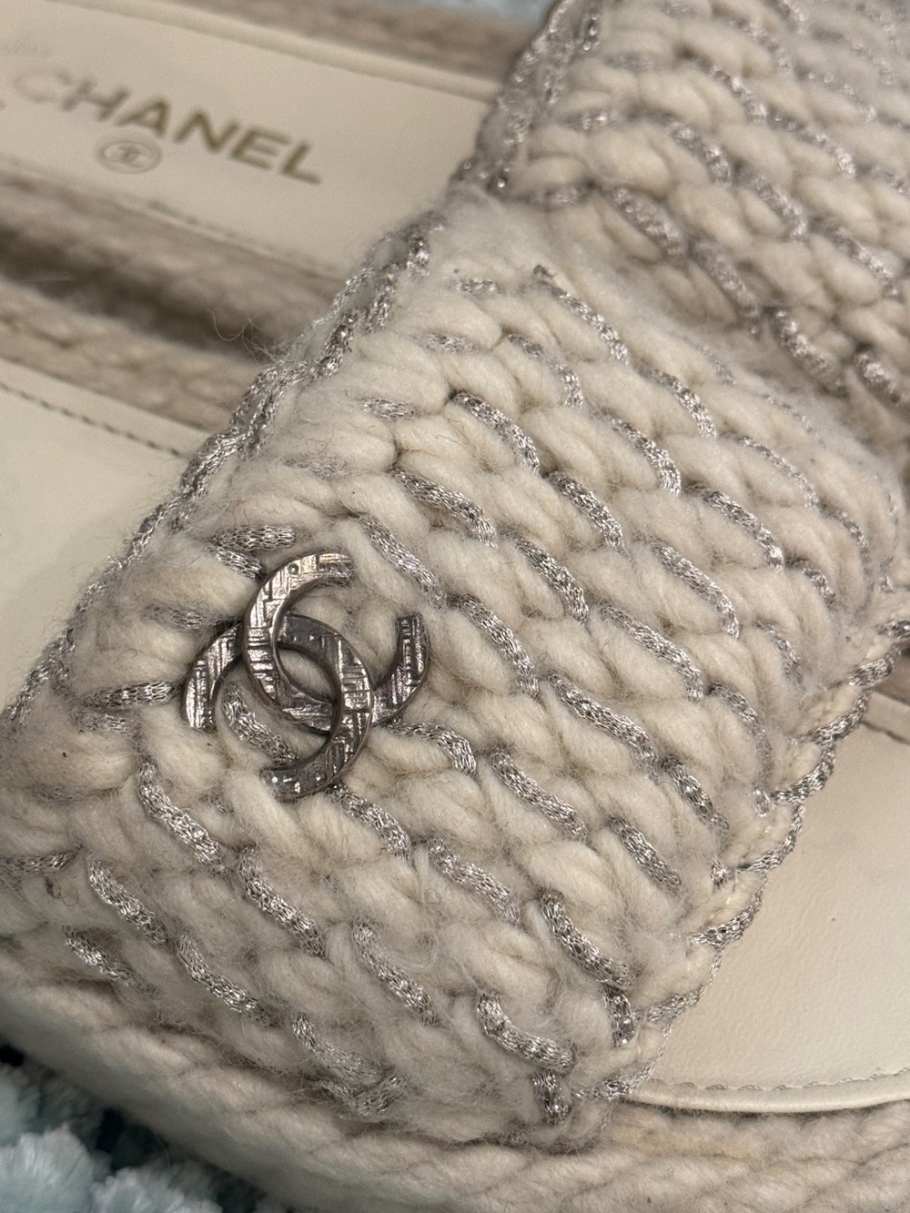 CHANEL Cream Knit Slide Mules with Silver CC Logo - Picture 2 of 2